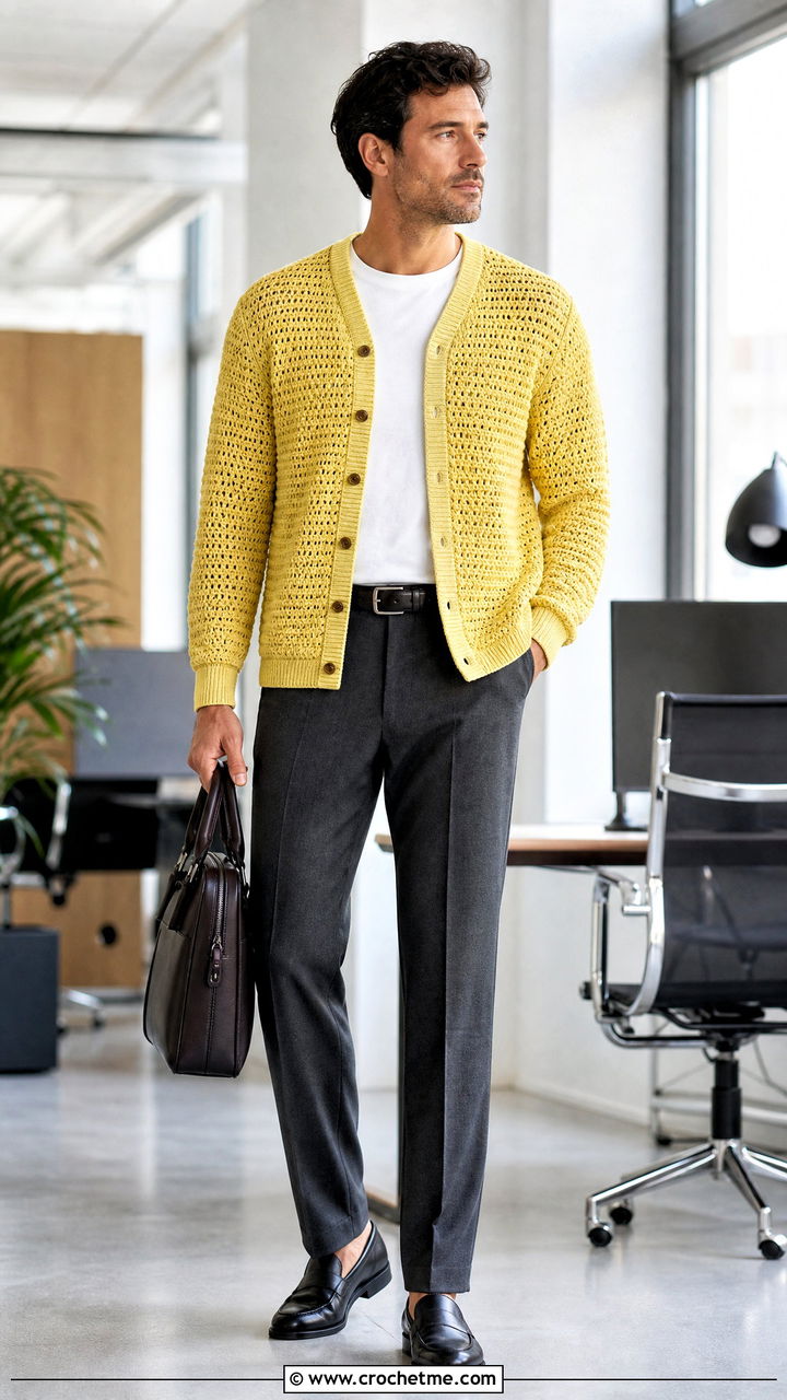 Button Front Crochet Cardigan With Wool Trousers - 35 crochet cardigan men outfit ideas