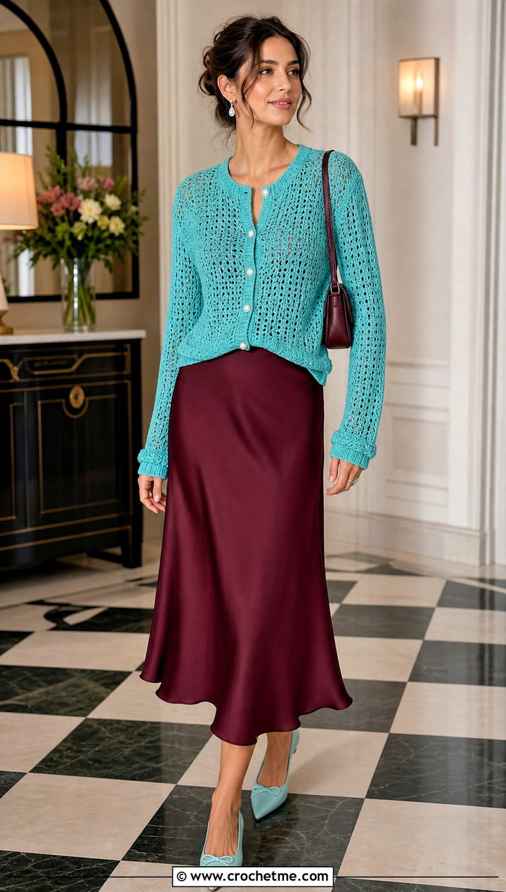 Button Front Crochet Cardigan With a Bias Midi Skirt - 30 cute crochet cardigans outfit ideas
