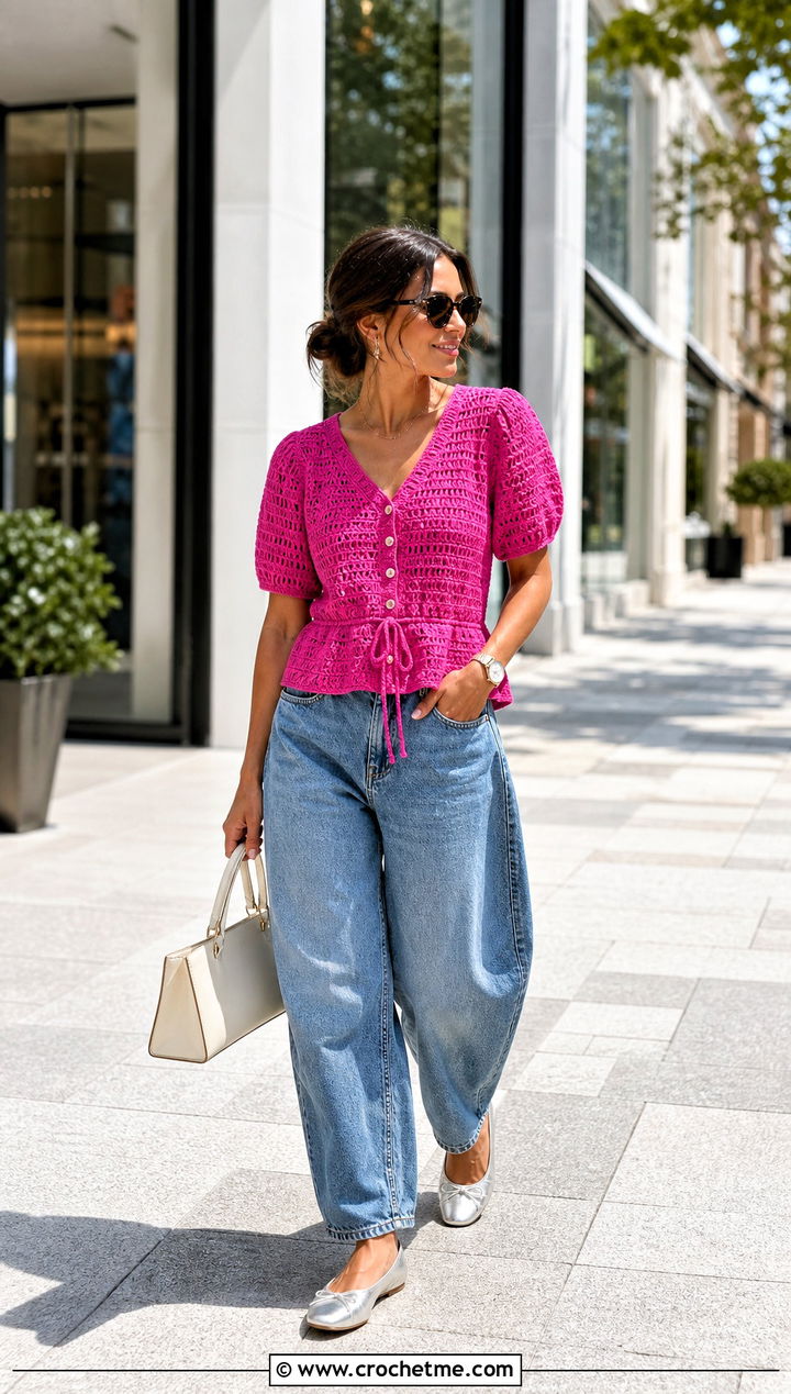 Button Front Crochet Cinch Top With Barrel Jeans - 25 crochet cinch top outfit ideas