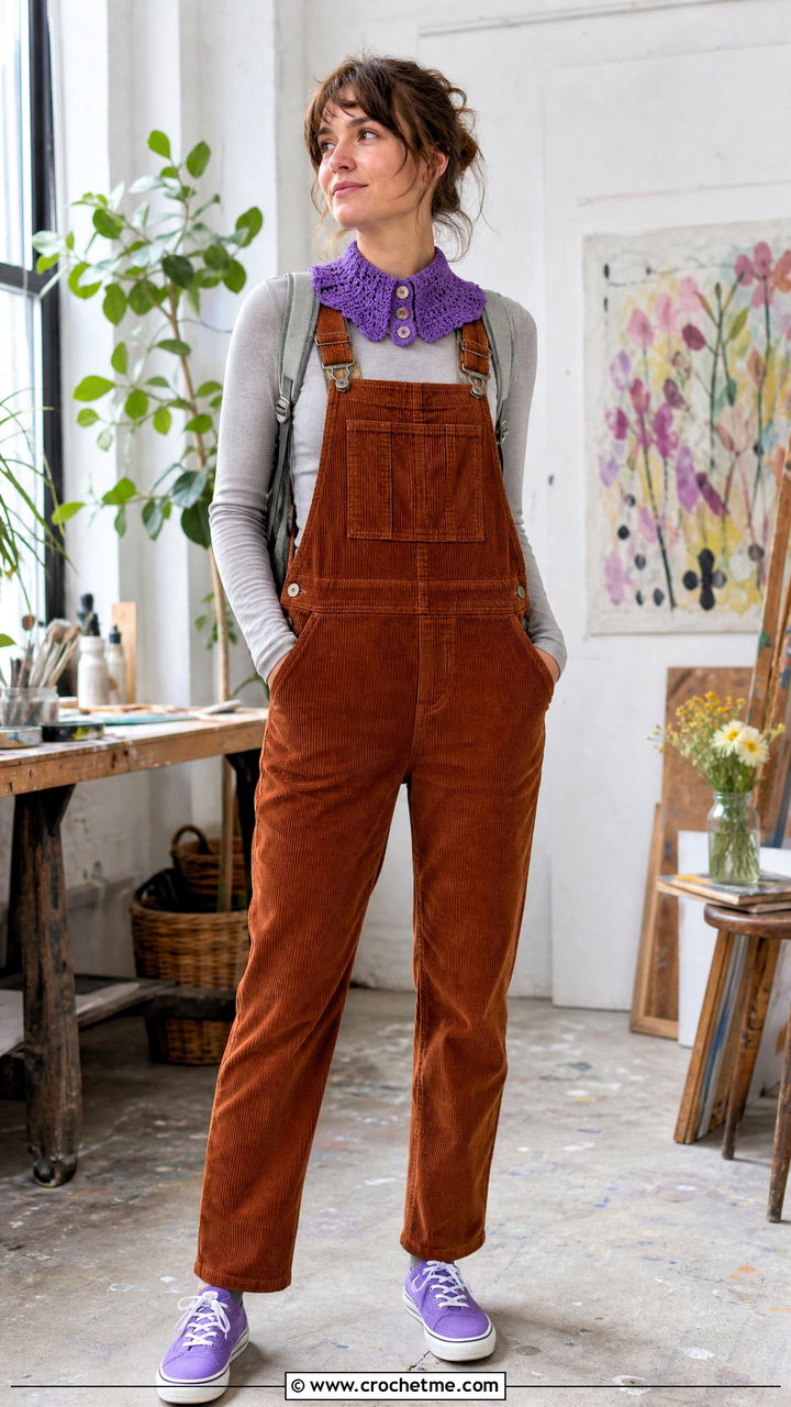 Button Front Crochet Collar With Corduroy Overalls - 35 crochet collars outfit ideas