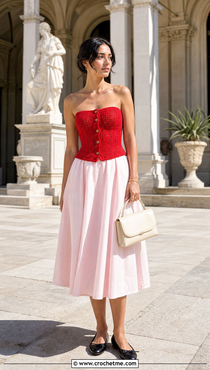 Button Front Crochet Corset With A Full Midi Skirt - 25 easy crochet corset outfit ideas