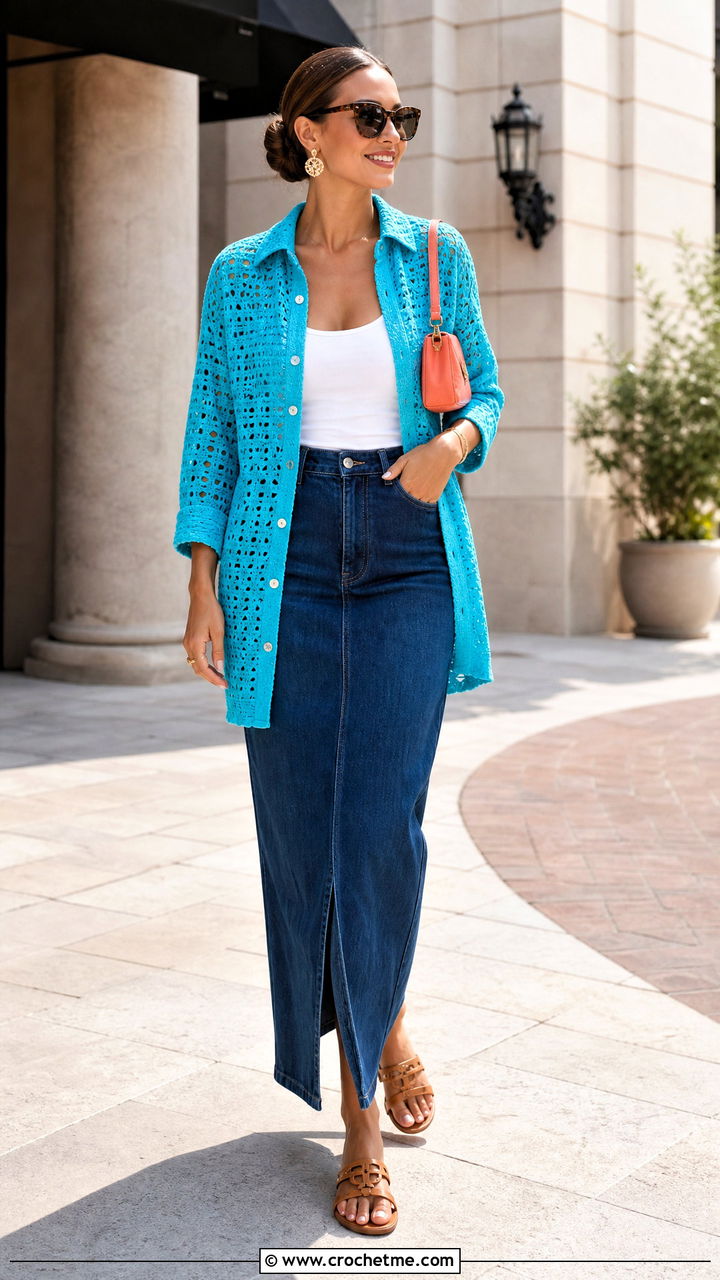 Button Front Crochet Cover Up Shirt With Column Skirt - 35 crochet cover up top outfit ideas