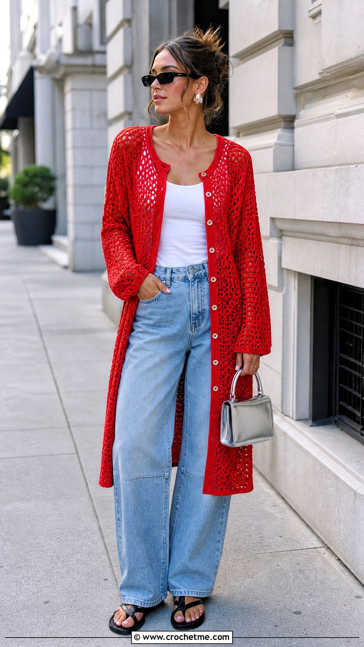 Button Front Crochet Coverup With Barrel Jeans - 35 crochet coverup outfit ideas