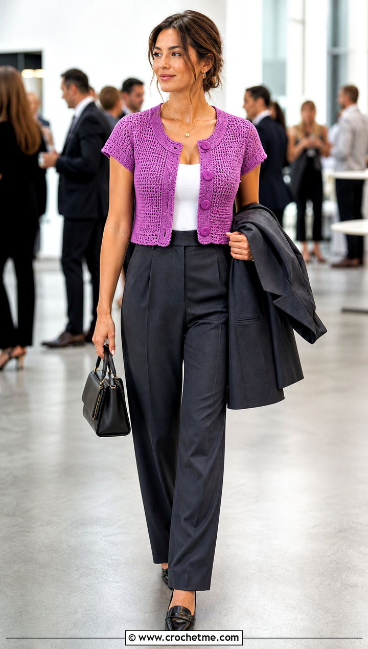 Button Front Crochet Crop Top With Suit Trousers - 25 Easy Crochet Crop Top outfit ideas