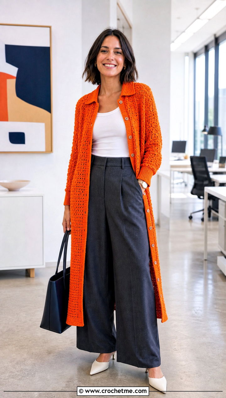 Button Front Crochet Dress With Wide Leg Trousers - 35 Crocheting Dress outfit ideas
