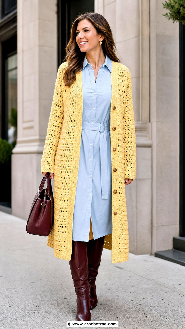 Button Front Crochet Duster Cardigan With Shirt Dress - 35 crochet duster cardigan outfit ideas