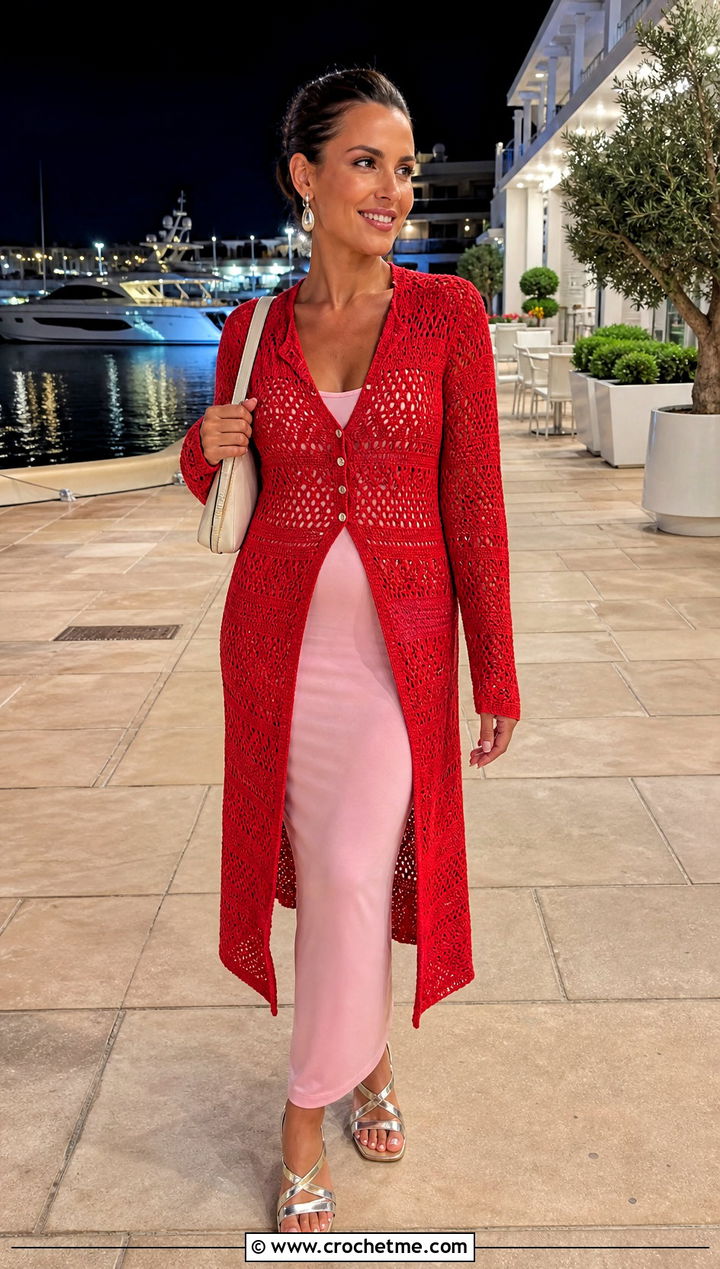 Button Front Crochet Duster Coverup With Column Dress - 30 crochet swimsuit coverup outfit ideas