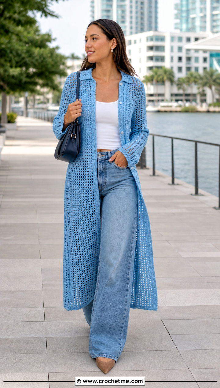 Button Front Crochet Duster Dress With Wide Leg Jeans - 20 Long Sleeve Crochet Beach Dress outfit ideas