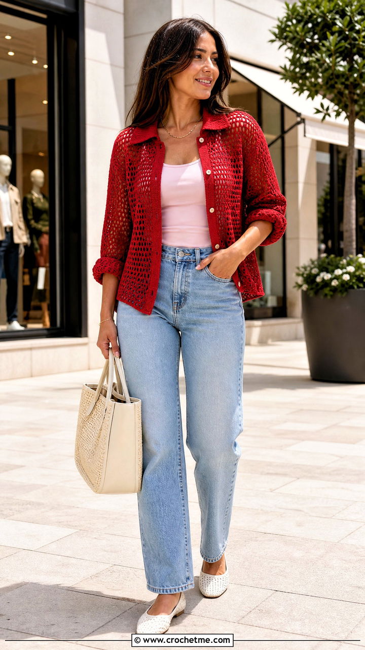 Button Front Crochet Fishnet Shirt Top With Tank And Jeans - 35 crochet fishnet top outfit ideas