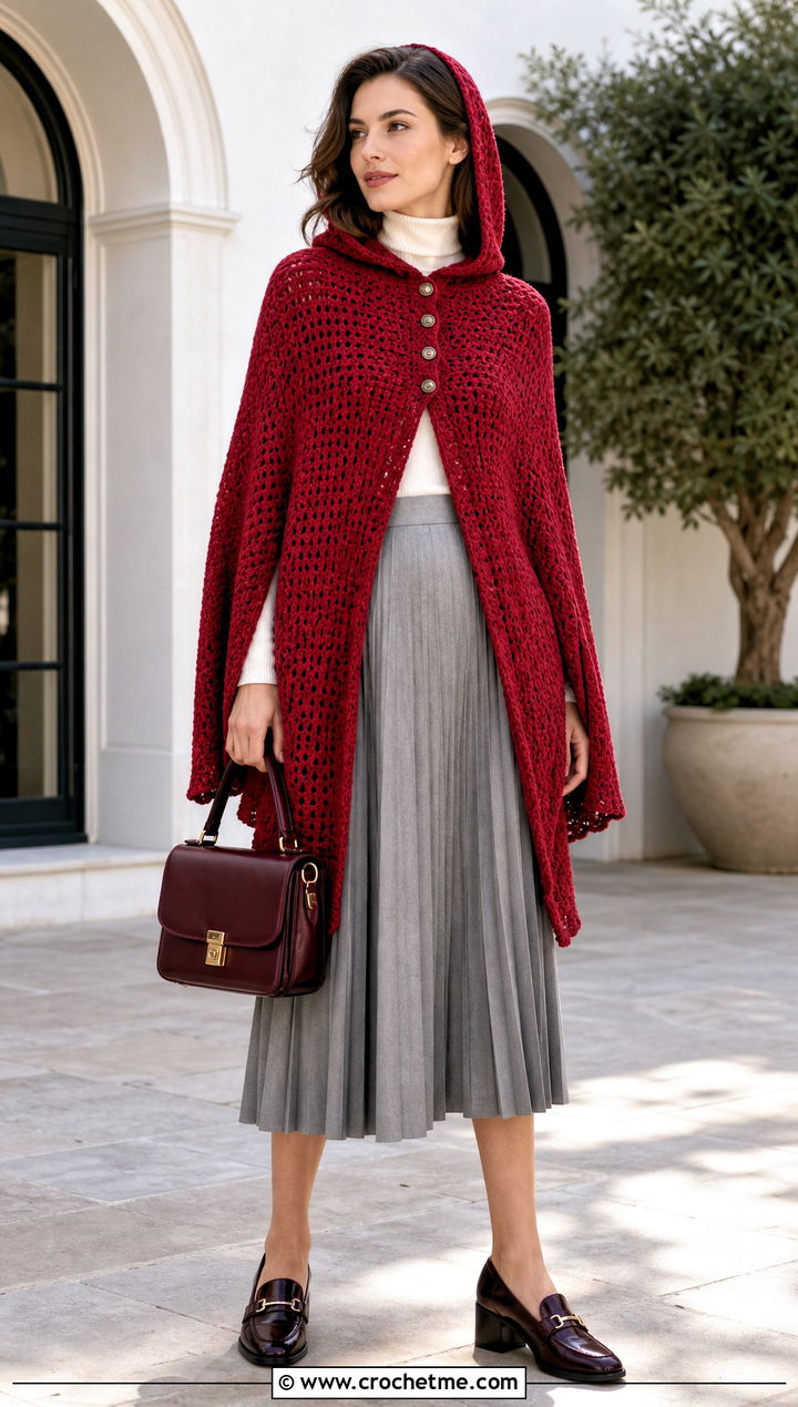 Button Front Crochet Hooded Cape With Pleated Skirt - 35 crochet hooded cape outfit ideas