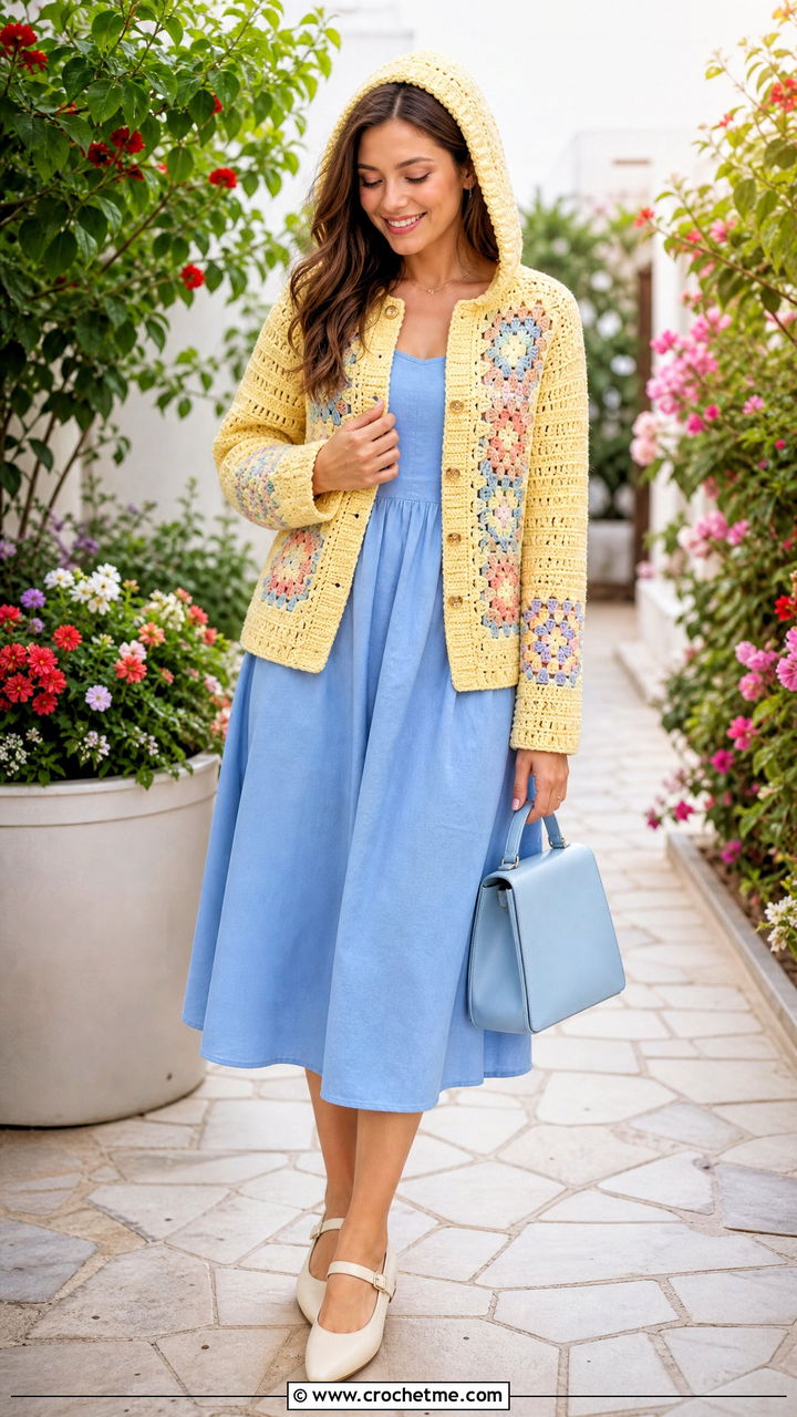Button Front Crochet Hooded Cardigan With A Line Dress - 35 crochet hooded cardigan outfit ideas