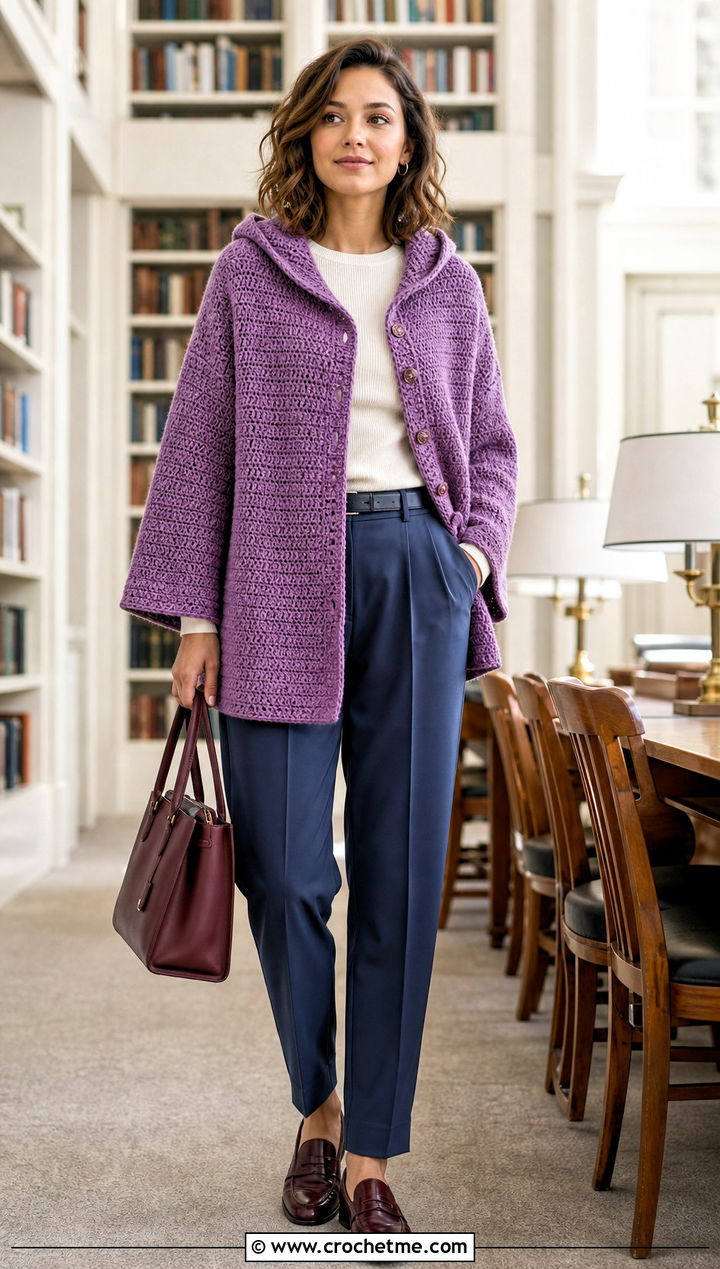 Button Front Crochet Hooded Shawl With Pleated Trousers - 35 crochet hooded shawl outfit ideas