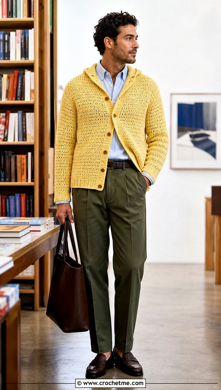 Button Front Crochet Hoodie With Oxford Shirt And Loafers - 25 Crochet Hoodie Men outfit ideas