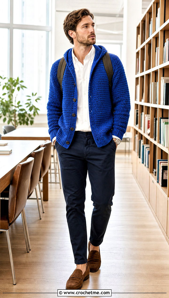 Button Front Crochet Hoodie With Oxford Shirt - 30 crochet mens hoodie outfit ideas