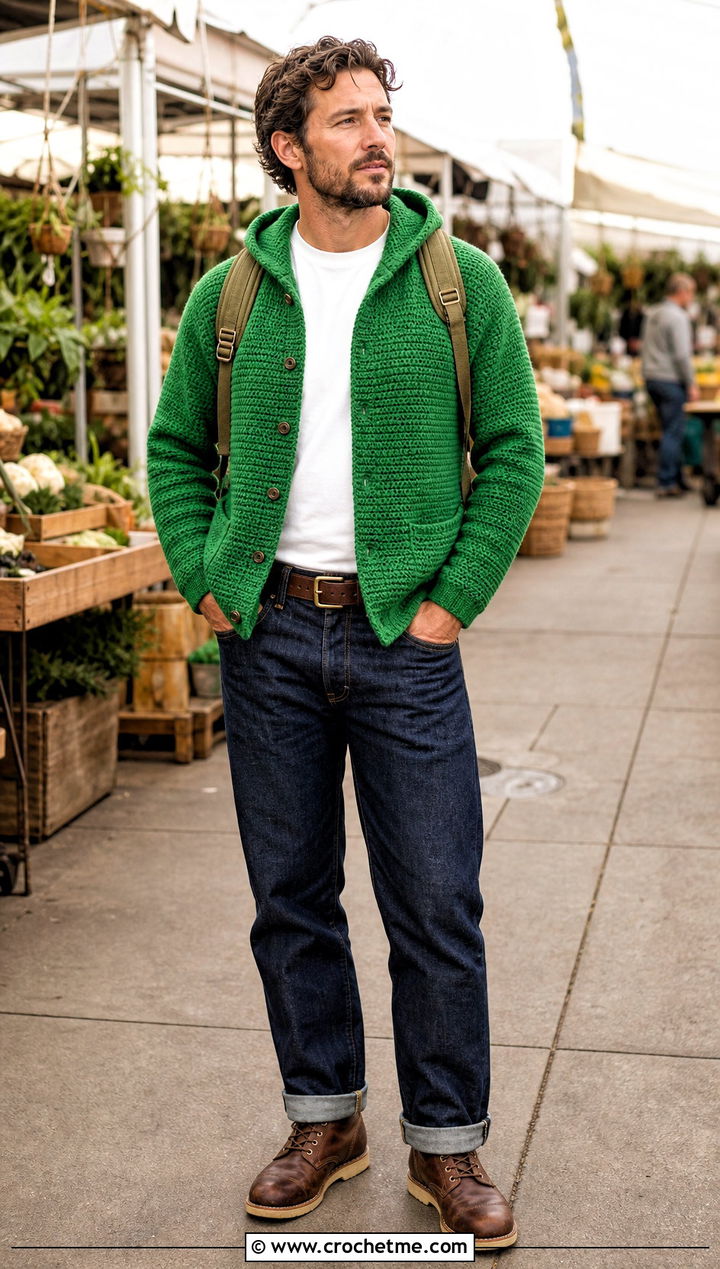Button Front Crochet Hoodie With Selvedge Denim - 30 Crochet Hoodies For Men outfit ideas