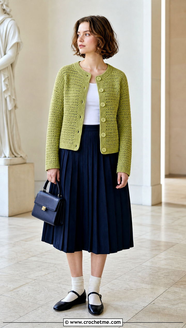 Button Front Crochet Jacket With Pleated Skirt - 15 beginner crochet jacket ideas