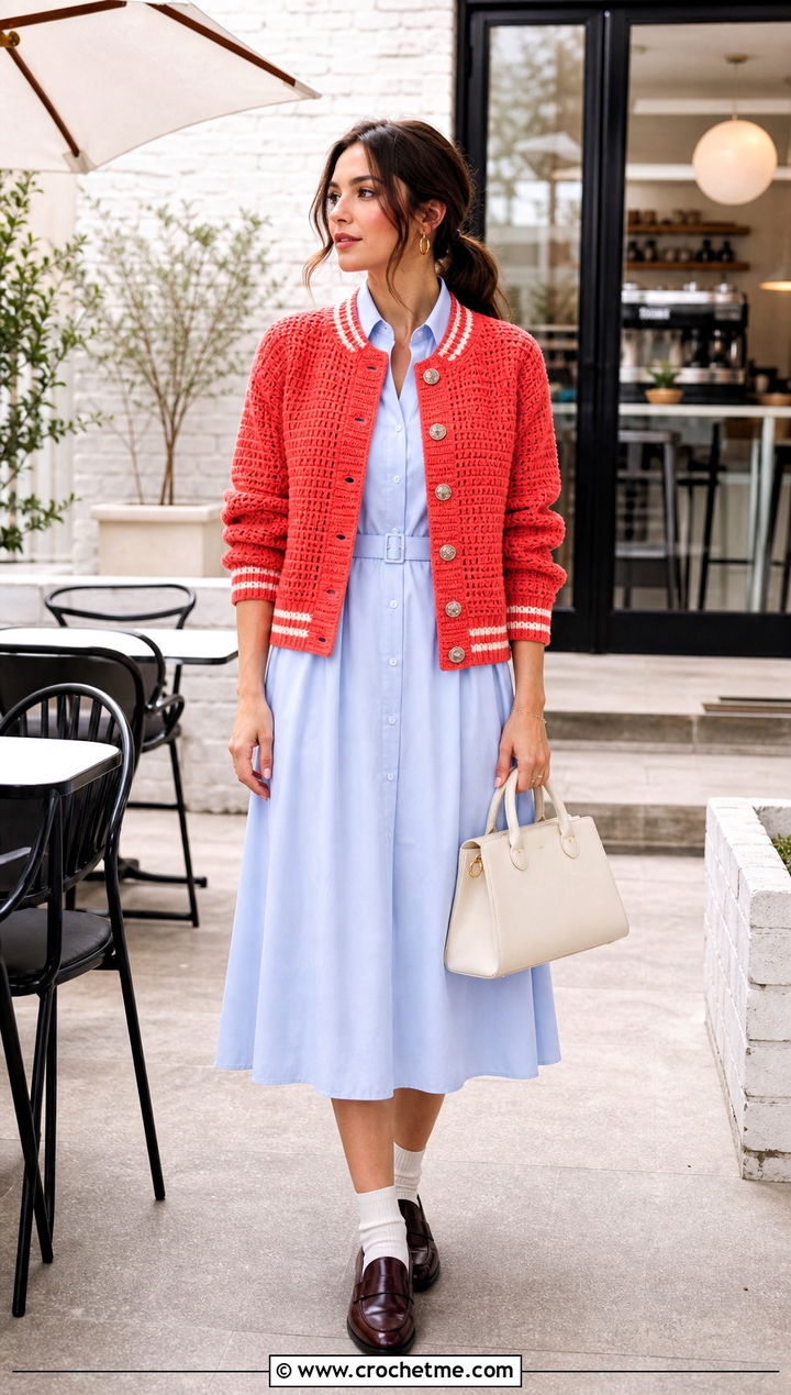 Button Front Crochet Letterman Jacket With Shirt Dress - 30 crochet letterman jacket outfit ideas