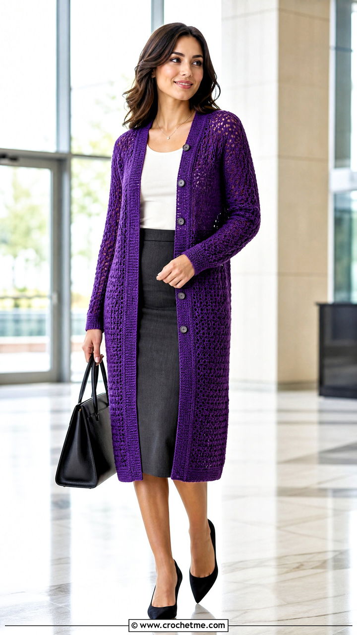 Button Front Crochet Long Cardigan With Pencil Skirt - 35 crochet long cardigan outfit ideas
