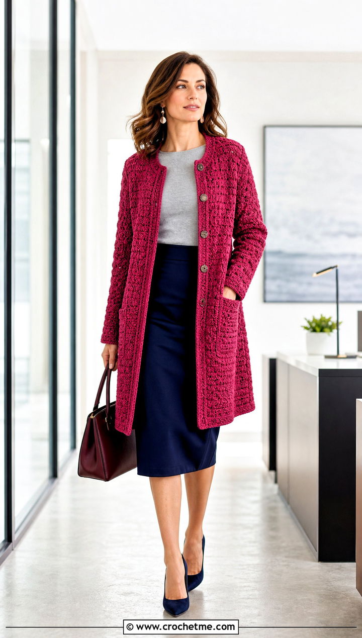 Button Front Crochet Long Jacket With a Pencil Skirt - 35 crochet long jacket outfit ideas