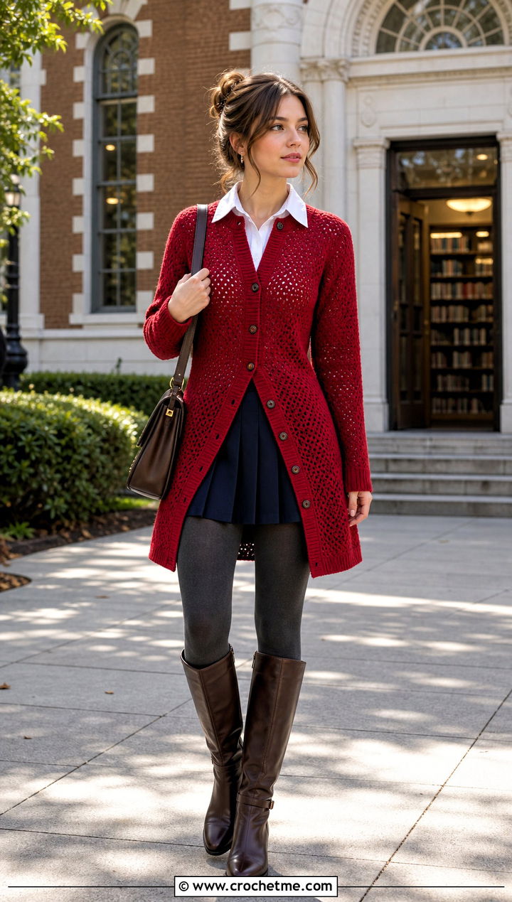 Button Front Crochet Long Sweater With Pleated Mini Skirt - 35 crochet long sweater outfit ideas