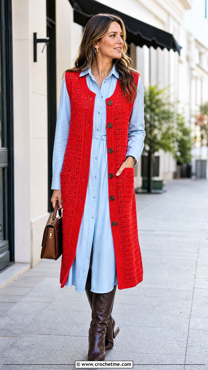 Button Front Crochet Long Vest With Shirt Dress - 35 Crochet Long Vest outfit ideas