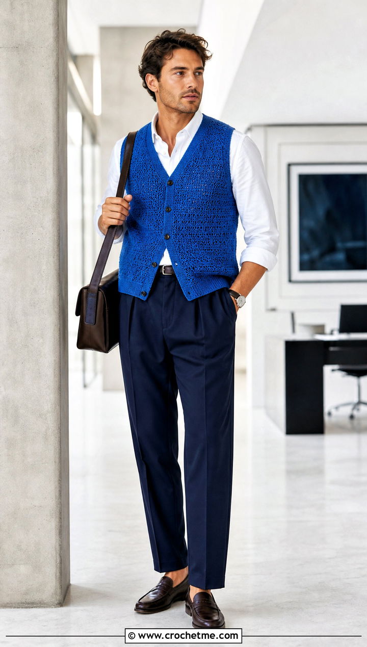 Button Front Crochet Mens Sweater Vest With White Shirt - 25 crochet mens sweater vest outfit ideas