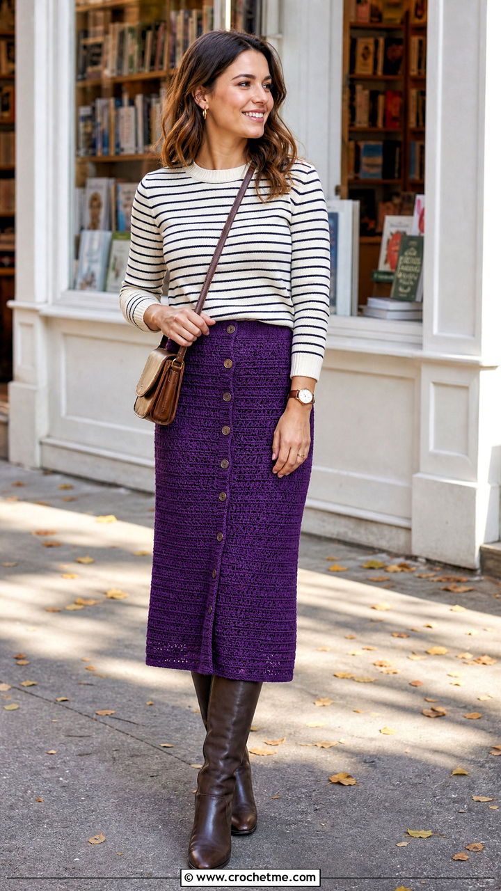 Button Front Crochet Midi Skirt With Striped Sweater - 35 crochet midi skirt outfit ideas