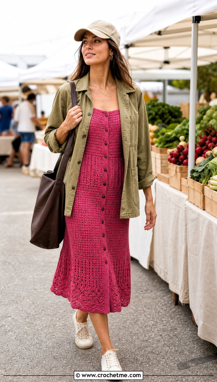 Button Front Crochet Milkmaid Dress With Chore Jacket - 30 crochet milkmaid dress outfit ideas