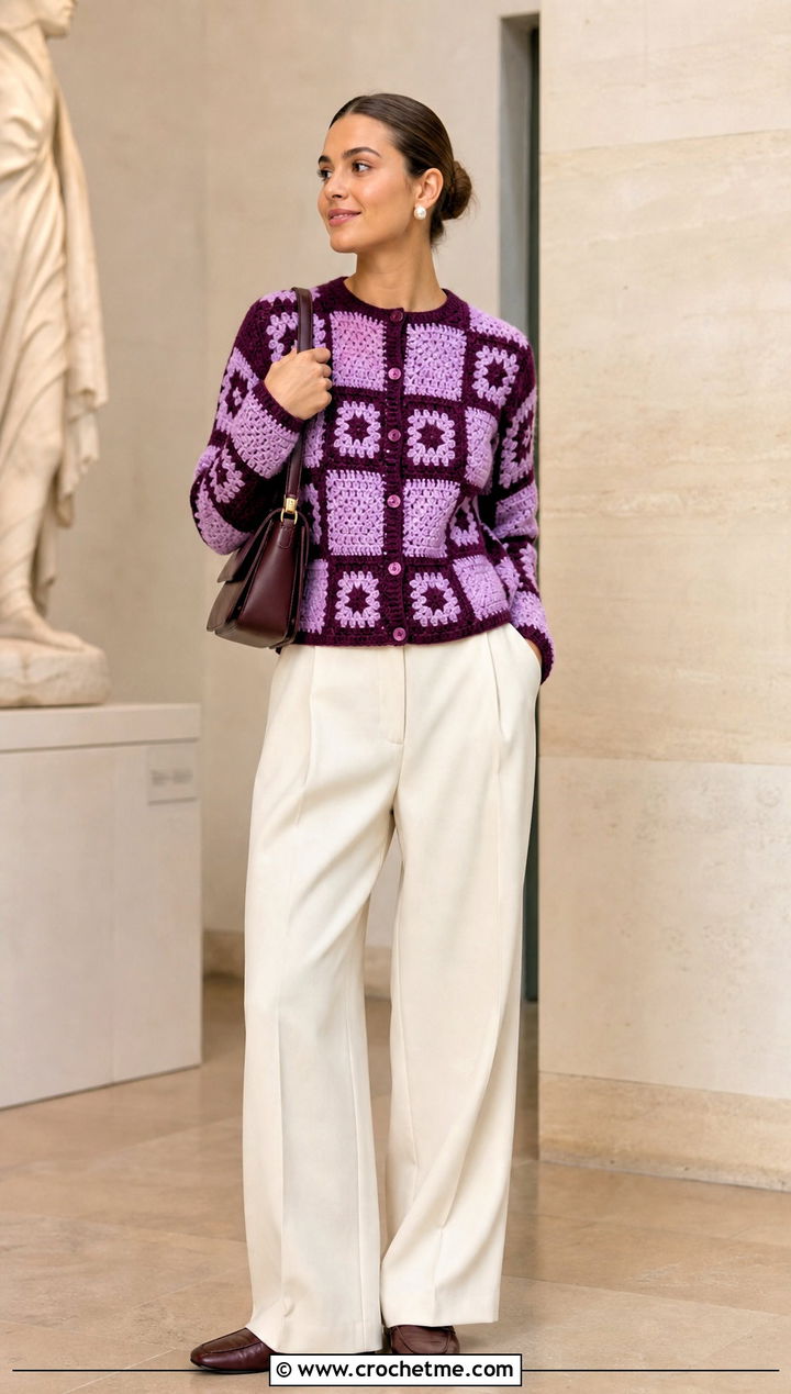 Button Front Crochet Patched Cardigan With Pleated Trousers - 20 Crochet Patched Cardigan outfit ideas