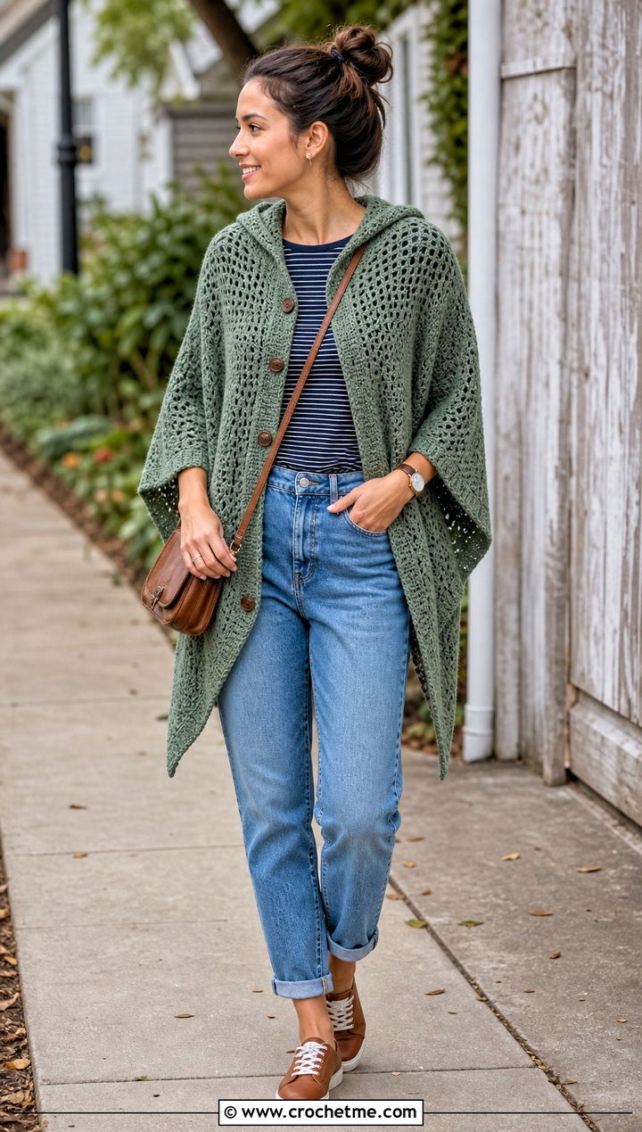 Button Front Crochet Poncho With Hood And Mom Jeans - 35 crochet poncho with hood outfit ideas