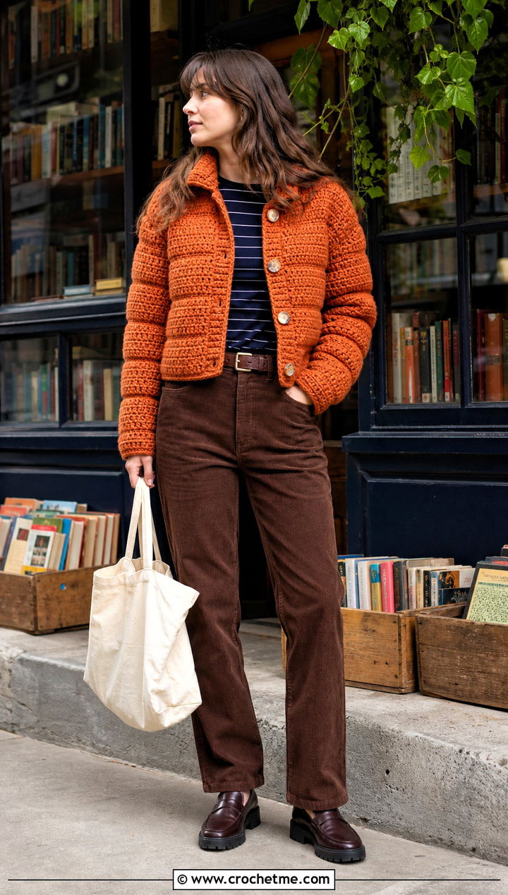 Button Front Crochet Puffer Jacket With Corduroy Pants - 35 crochet puffer jacket outfit ideas