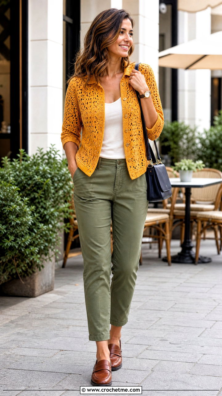 Button Front Crochet Shirt With Chino Pants - 35 crochet tops for summer outfit ideas