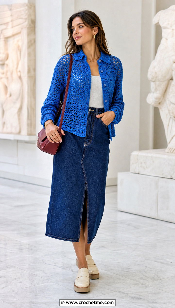 Button Front Crochet Shirt With Denim Midi Skirt - 25 Spring Crochet Tops outfit ideas