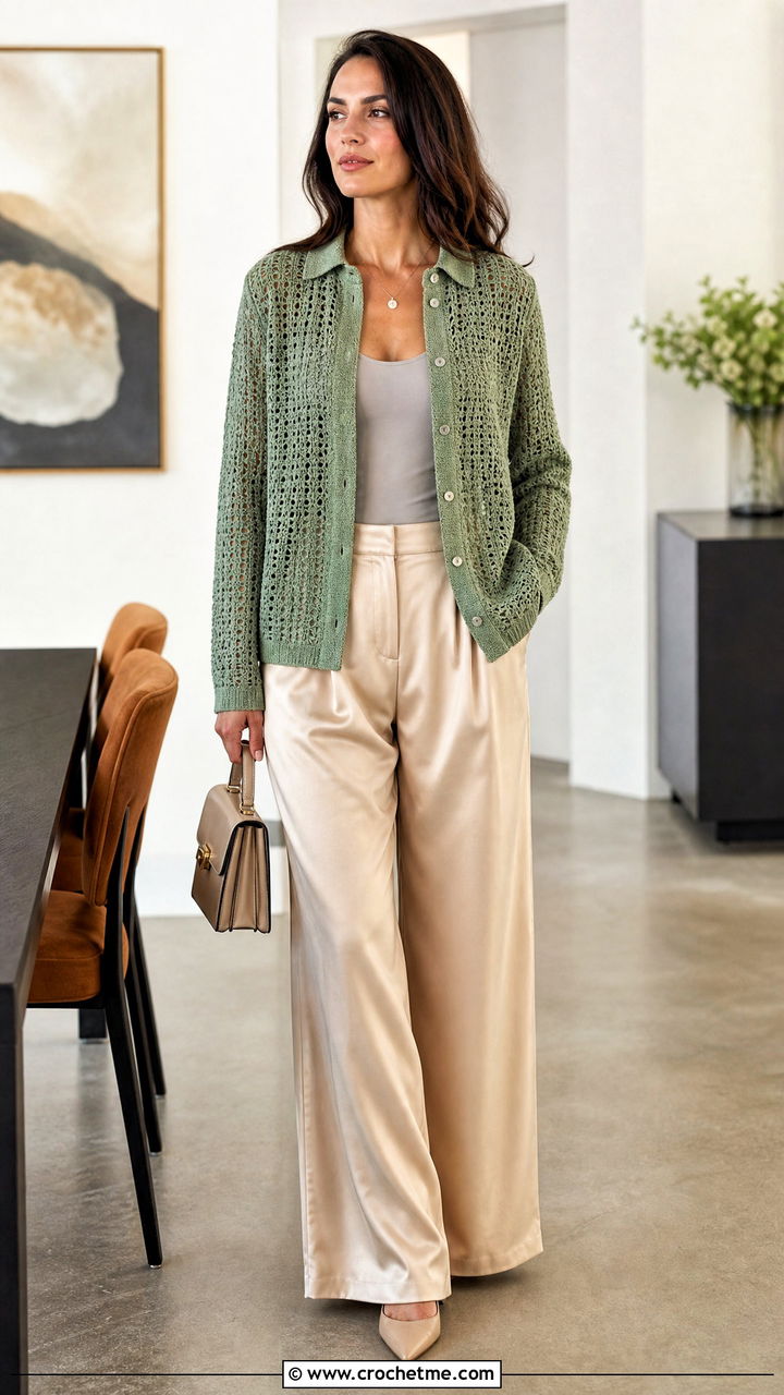 Button Front Crochet Shirt With Satin Trousers - 35 hippie crochet top outfit ideas