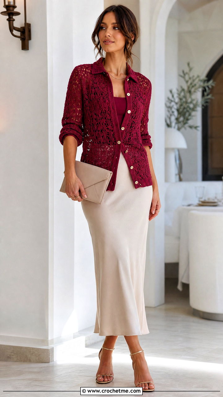 Button Front Crochet Shirt With Slip Skirt - 35 crochet going out top outfit ideas