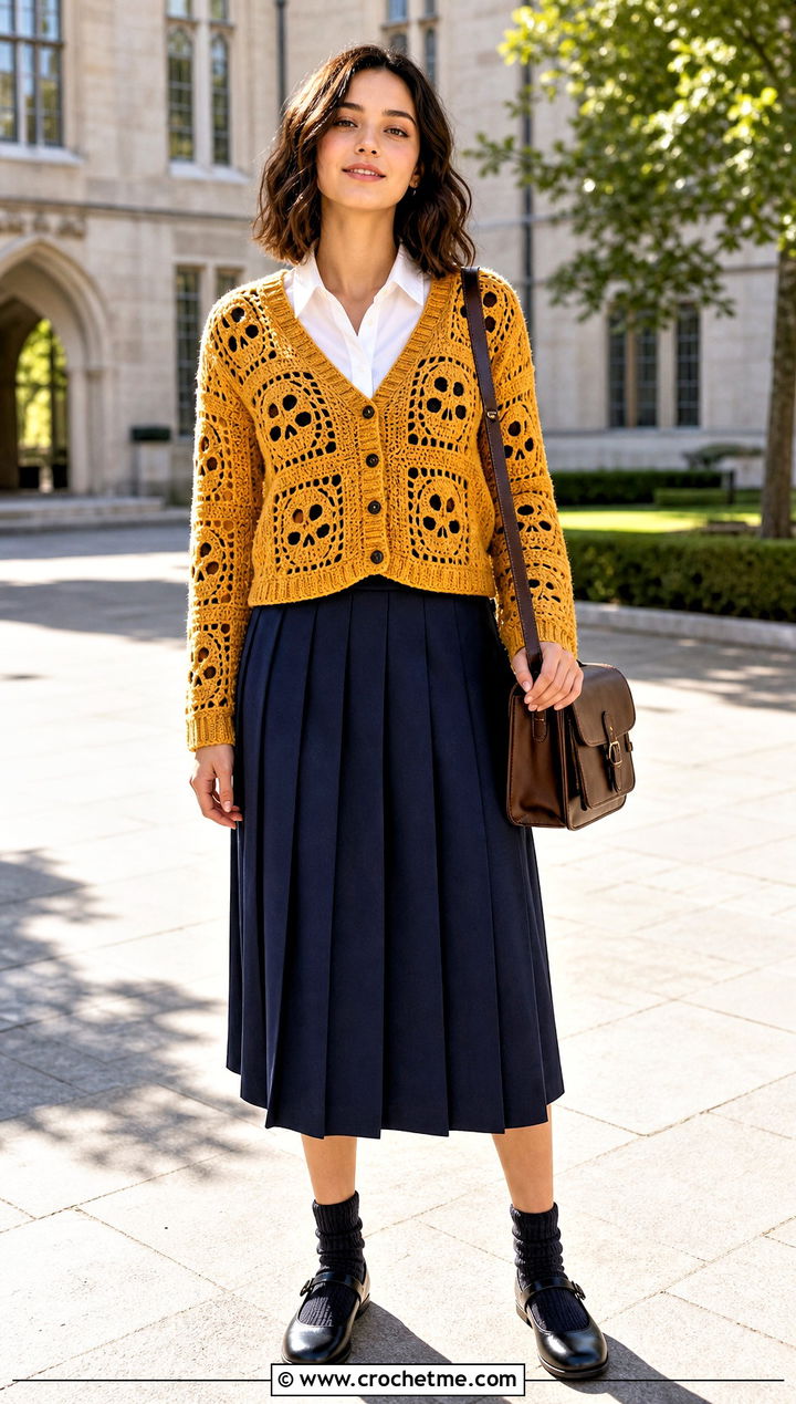 Button Front Crochet Skull Granny Square Cardigan With A Pleated Skirt - 25 crochet skull granny square cardigan outfit ideas