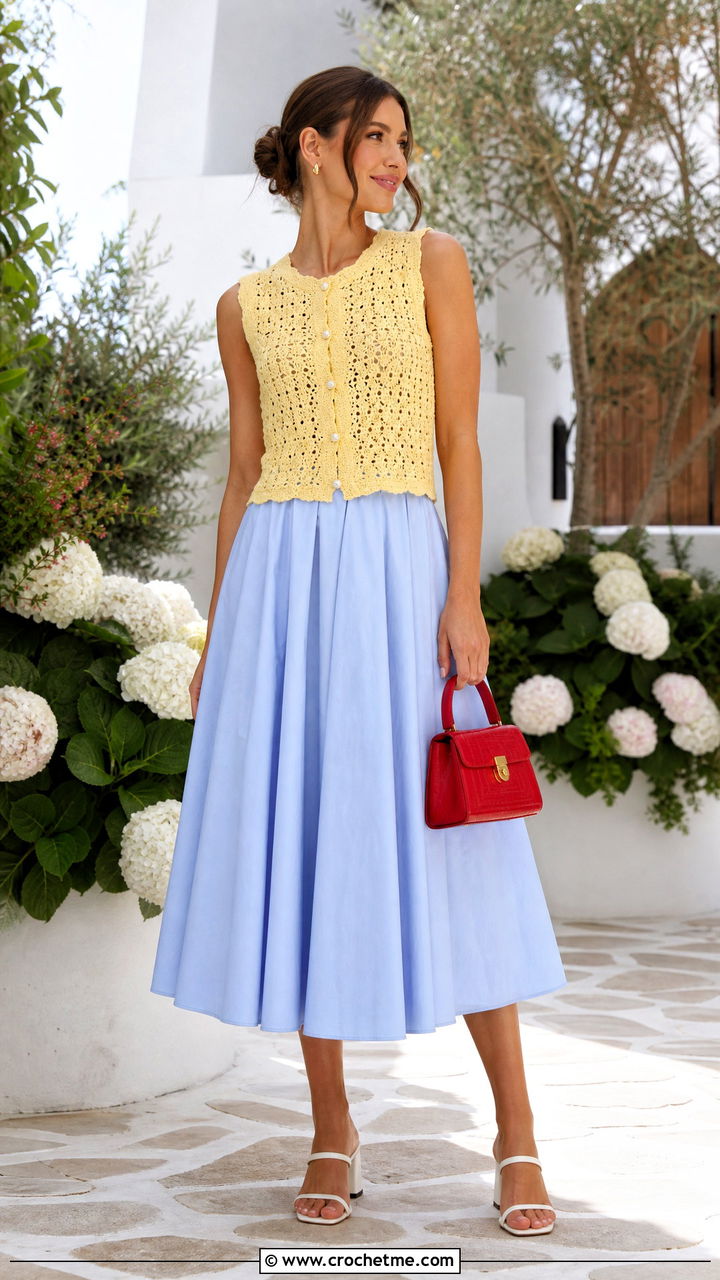 Button Front Crochet Sleeveless Top With A Poplin Skirt - 35 crochet sleeveless top outfit ideas