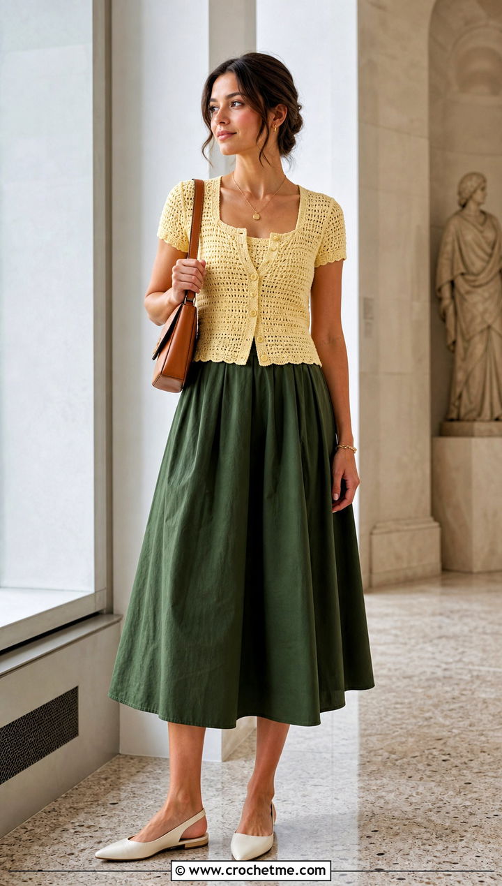 Button Front Crochet Square Neck Top With A Line Skirt - 35 crochet square neck top outfit ideas