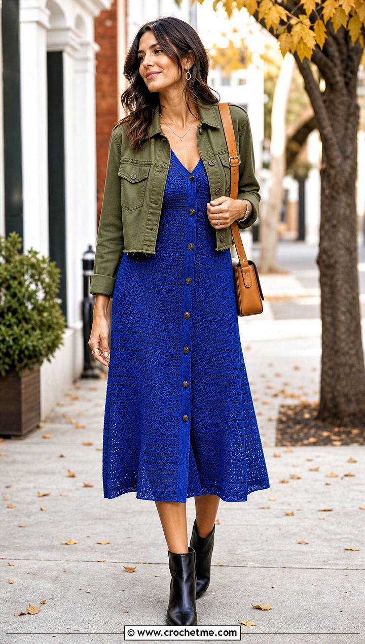 Button Front Crochet Sun Dress With Ankle Boots - 35 crochet sun dress outfit ideas