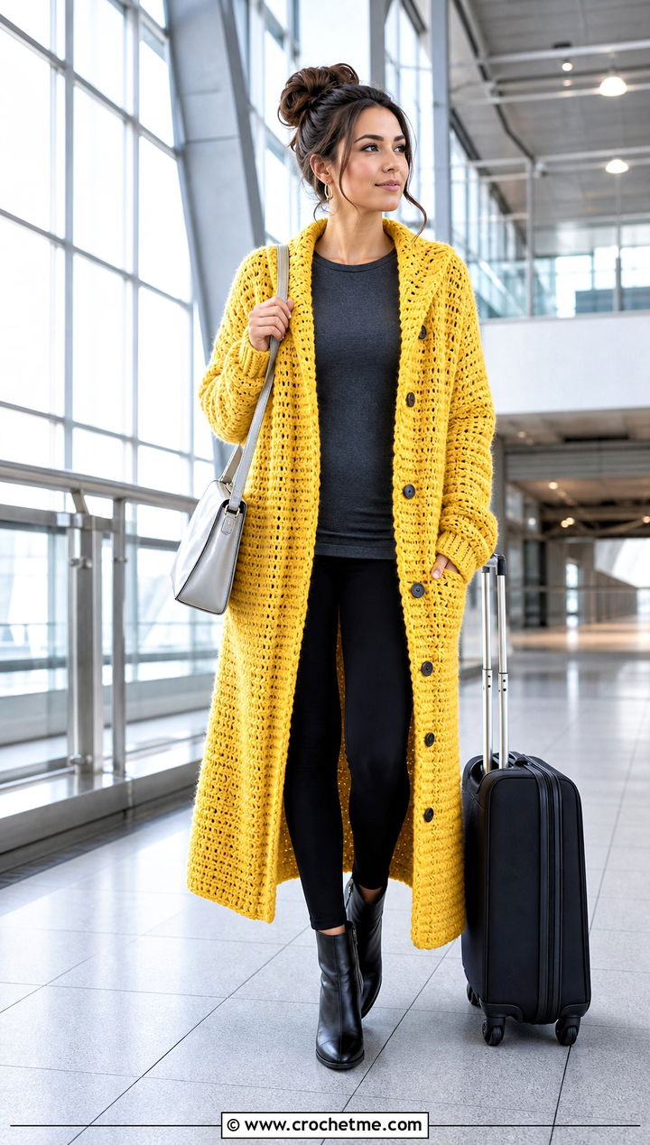Button Front Crochet Sweater Blanket With Black Leggings - 25 crochet sweater blanket outfit ideas
