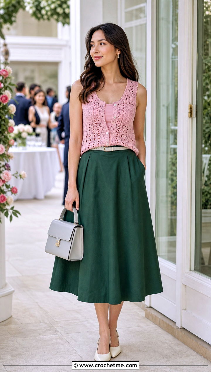 Button Front Crochet Sweater Tank With A Line Skirt - 25 Crochet Sweater Tank outfit ideas