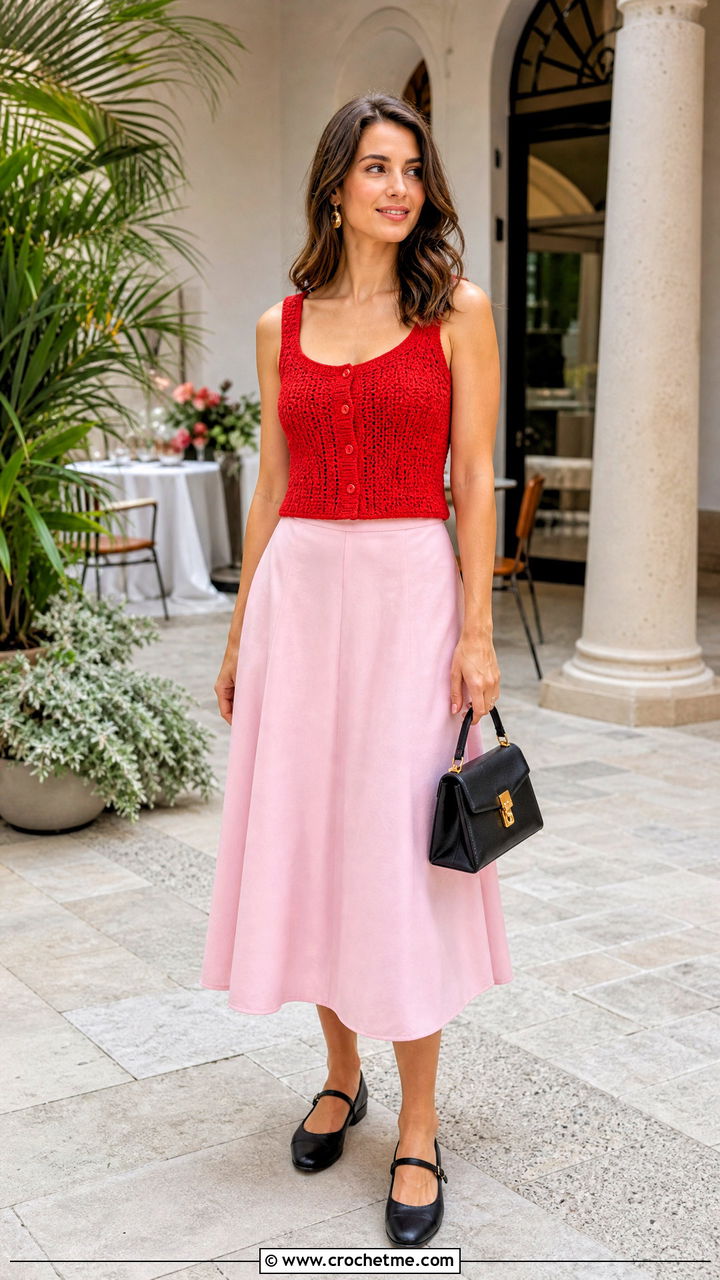 Button Front Crochet Tank Top With A Line Skirt - 35 crochet tank top outfit ideas