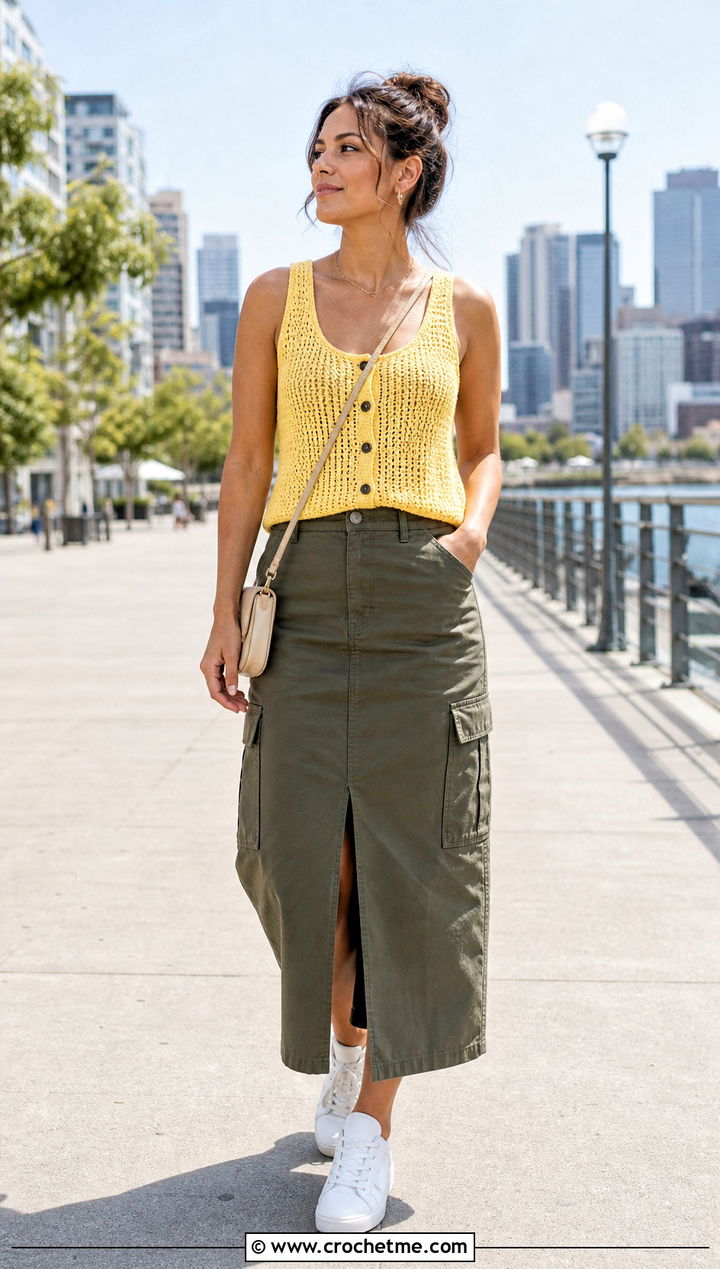 Button Front Crochet Tank With Cargo Midi Skirt - 35 crochet tank outfit ideas