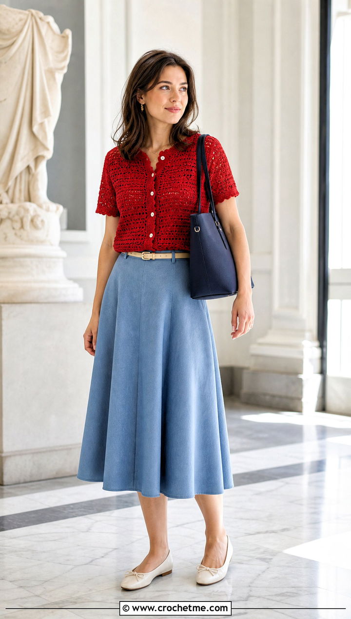 Button Front Crochet Top With A Line Skirt - 35 crochet simple top outfit ideas