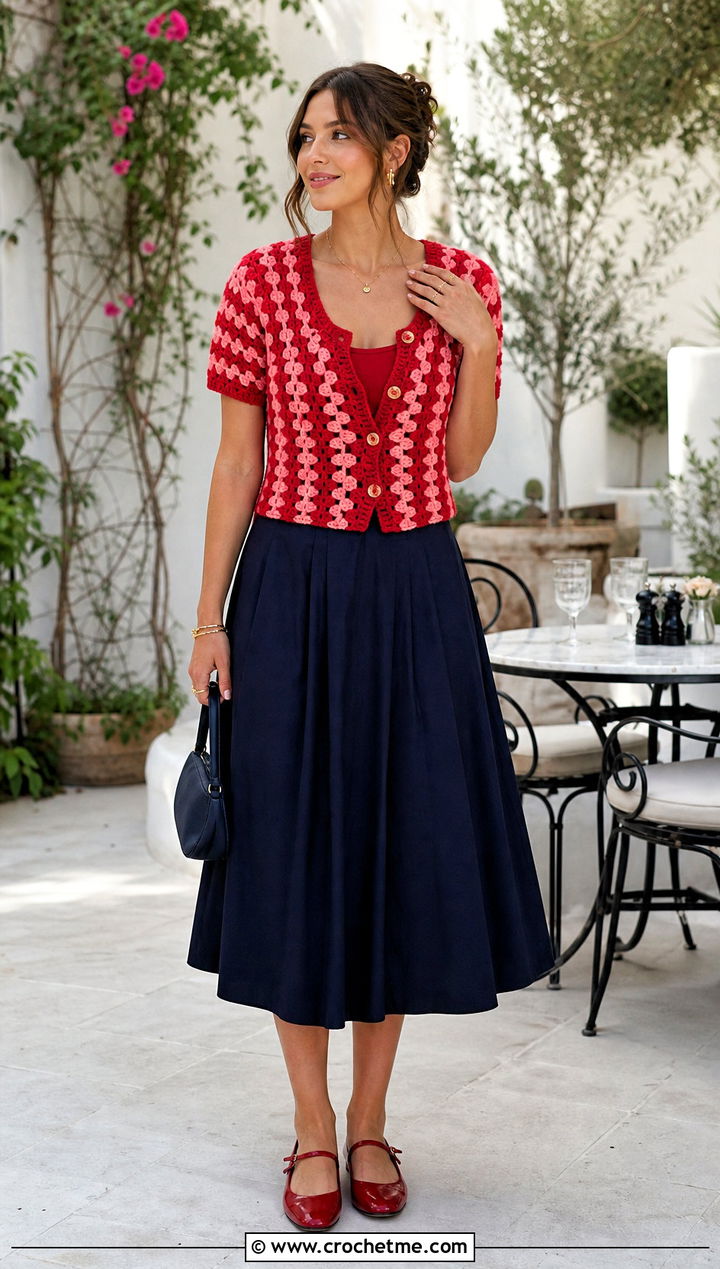 Button Front Crochet Top With A Line Skirt - 30 two colour crochet top outfit ideas