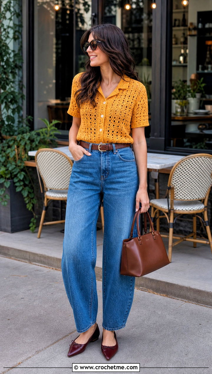 Button Front Crochet Top With Barrel Jeans - 30 crochet top for outfit ideas