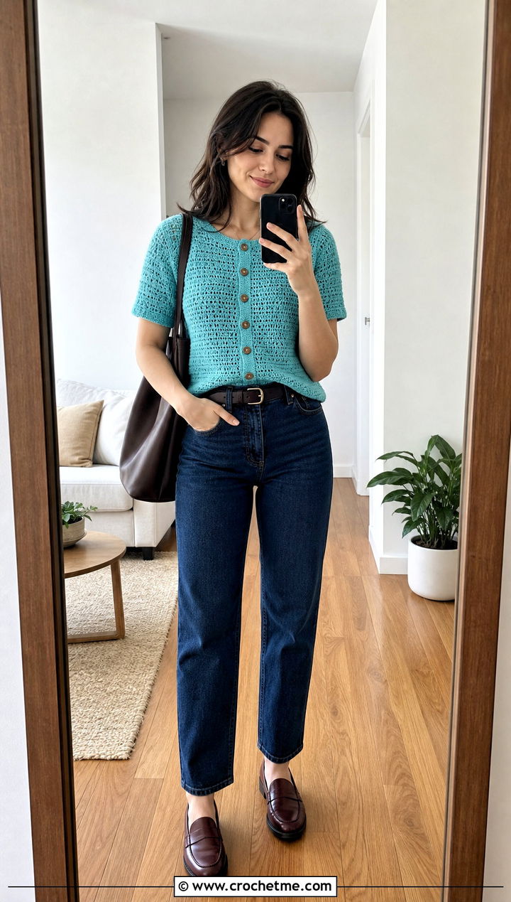 Button Front Crochet Top With Straight Leg Jeans - 25 Crochet Top Small Chest outfit ideas