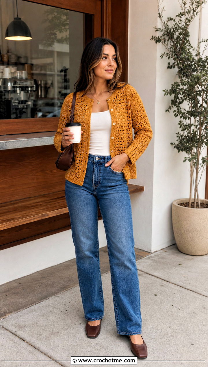 Button Front Crochet Top With Straight Leg Jeans - 25 Crochet Top Ideas With Sleeves