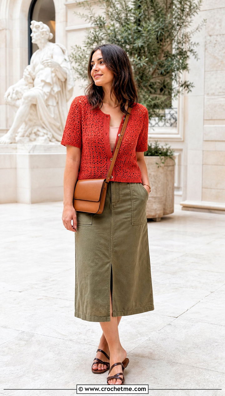 Button Front Crochet Top With Utility Skirt - 30 form crochet top outfit ideas