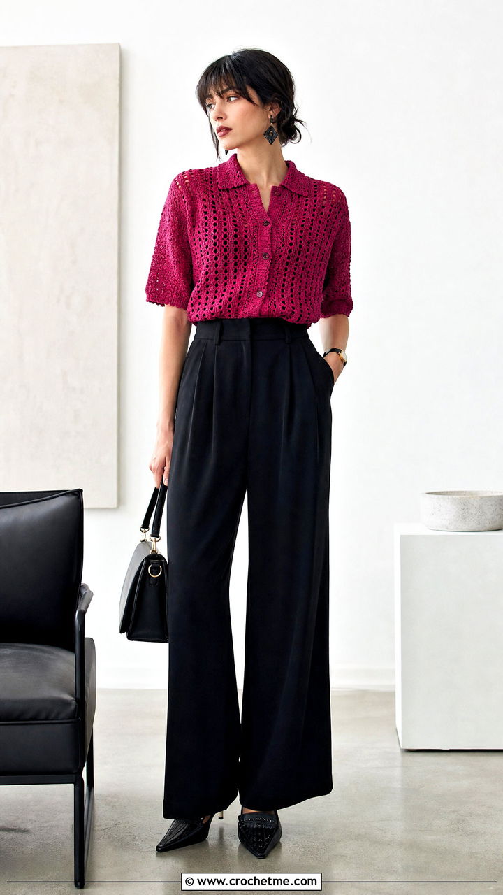 Button Front Crochet Top With Wide Leg Trousers - 35 goth crochet top outfit ideas
